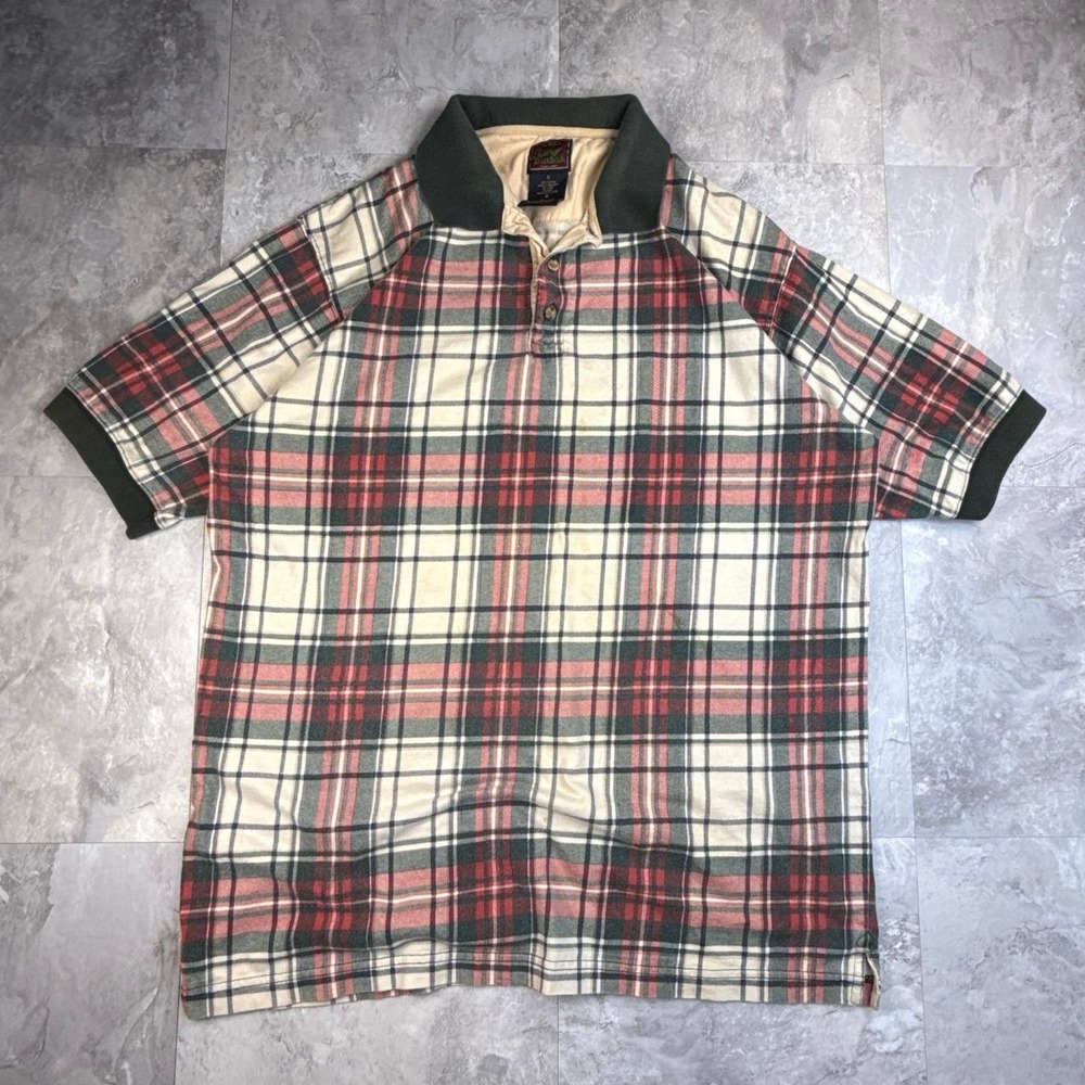 Vintage Red and Cream Duxbak Plaid Polo Shirt Large